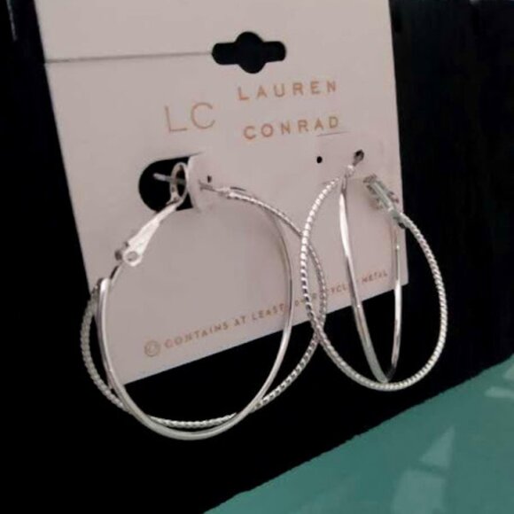 LC LAUREN CONRAD Mod/Contemporary Silver Criss Cross Hoop Earrings**NEW! - Picture 2 of 3